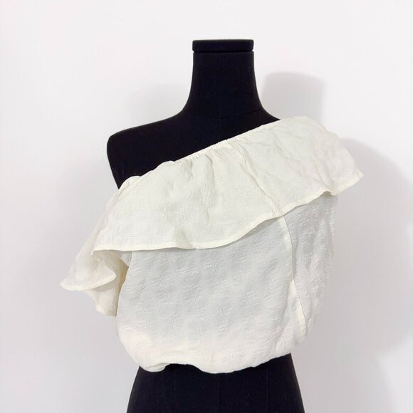 KIMCHI BLUE RUFFLE WHITE OFF THE SHOULDER SHIRT SIZE SMALL - Picture 10 of 11